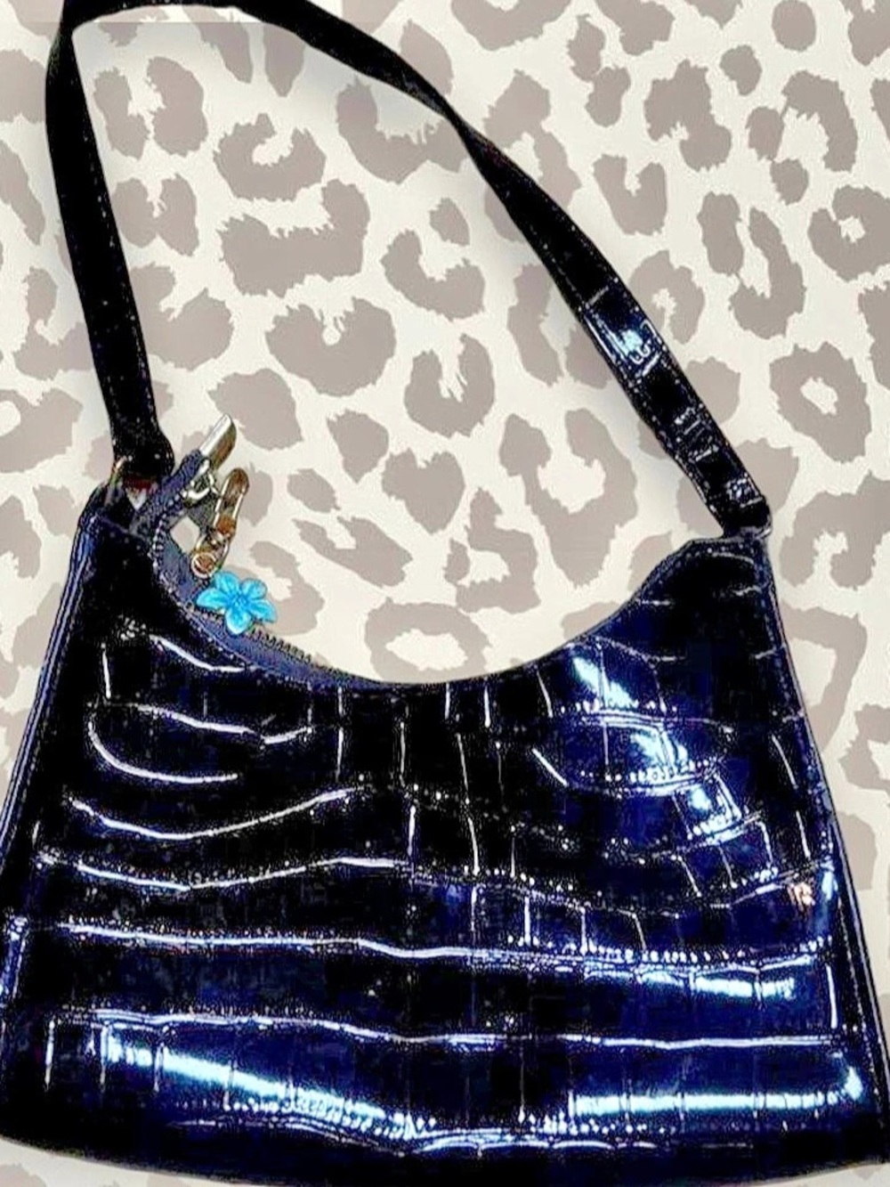 Black Croc-Embossed Shoulder Bag